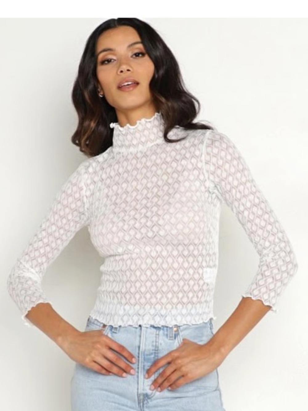 For Love and Lemons Tracy Turtleneck Cropped Top in White Pointelle Knit Medium